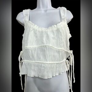 NWT Kirious White Crop Top Tiered‎ Ruffle Straps L Drawstring Sides Boho Cottage